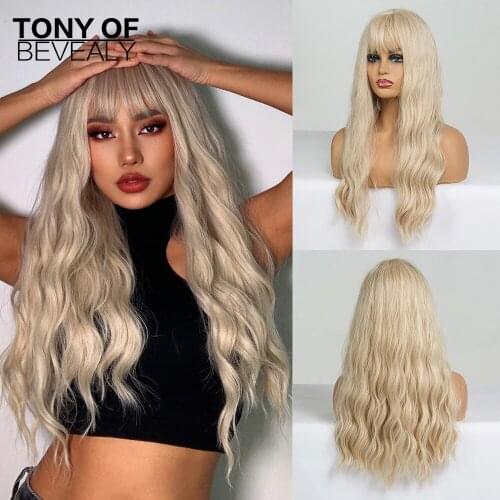 Long Wavy Light Blonde Synthetic Hair Wigs With Bangs for Afro Women Natural Wave Cosplay Party Wigs Heat Resistant Fiber