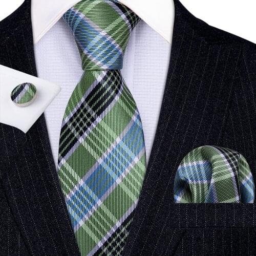 Fashion Luxury Green Plaid 100% Silk Tie Gifts For Men Gifts Suit Wedding Tie Barry.Wang NeckTies Hanky Sets Business LN-5327