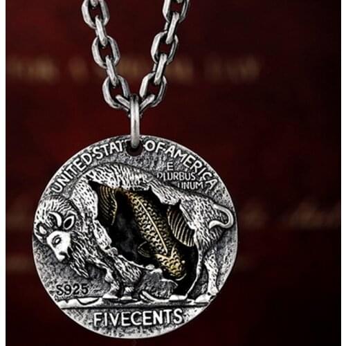 BOCAI New real real S925 Sterling Silver Koi Wanderer Hip Hop Trend Chief Skull Bull Coin Man and Woman Pendant