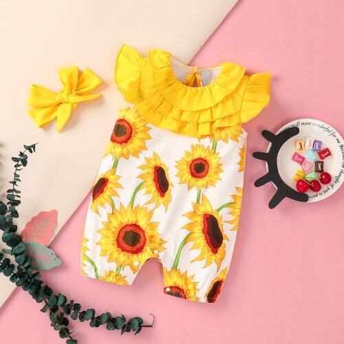 Summer Sweet Baby Girls Clothes Set Floral Print Sleeveless O-neck Jumpsuit with Ruffles+Solid Color Bow-knot Headband