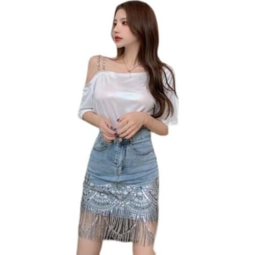 Summer New Fashion Sequined Embroidery Denim Skirt Set Women Sexy One Shoulder Tee Tops Two Piece Suit Female