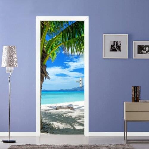 Seascape 3D Diy Door Sticker Home Decor Decals Pvc Self Adhesive Wallpaper Beach Seaside Photography Photo Wallpaper Door Mural