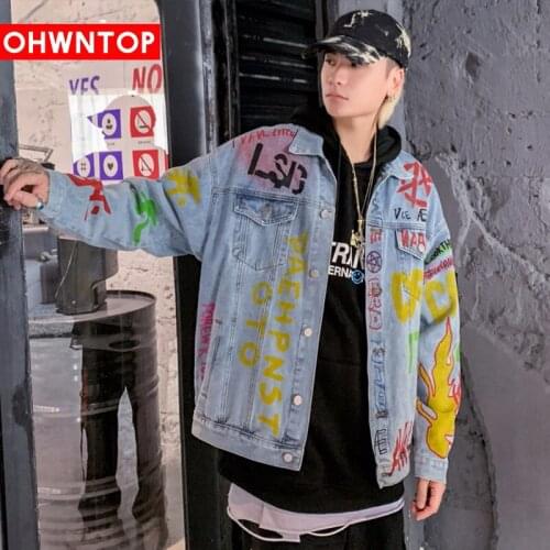 Colorful Letter Flame Print Mens Denim Jacket Hip Hop Cowboy Jacket Men Harajuku High Street Hipster Streetwear Coat Oversize