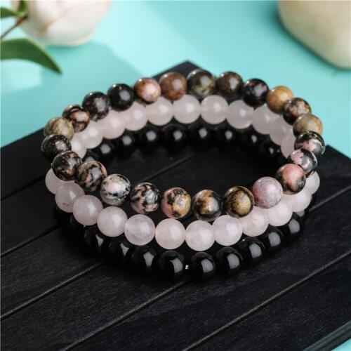 8mm Black Onyx Rhodonite Rose Quartzs Stone Beaded Bracelet Set Wrist Men Women Handmade 3Pcs/Set Mala Beads Bracelet sets