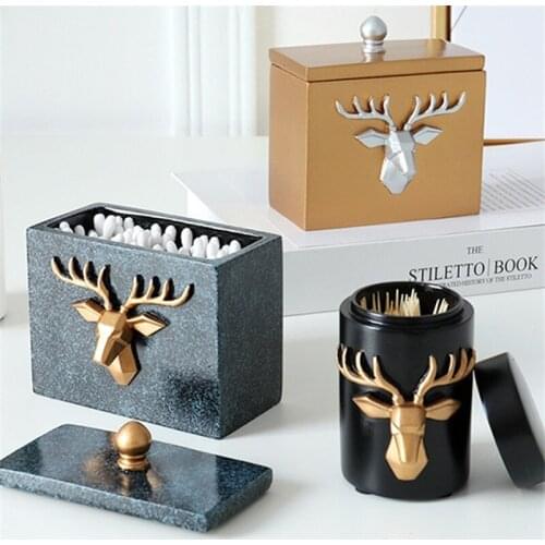 Nordic Creative Simple Deer Head Craft Toothpick Holder With Lid Resin Cotton Pad Storage Box High End Hotel Toothpick Dispenser