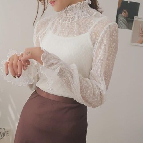 2020 New Transparent Korean Loose Women Lace Blouse 3 Colors Female Bottoming Blouses Plus Size Cheaper Tops