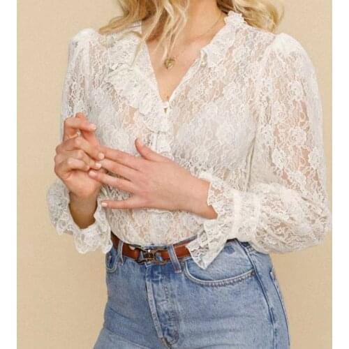New Women Lace Semi-Perspective Shirt 2021 Spring V-Neck Retro Ruffles Long Sleeve Front Buttoned Blouse Tops