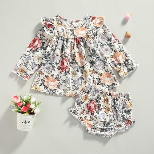 Girls Casual Two-piece Clothes Set Floral Printed Pattern Long Sleeve Pullover and Bloomers Pants Outfit