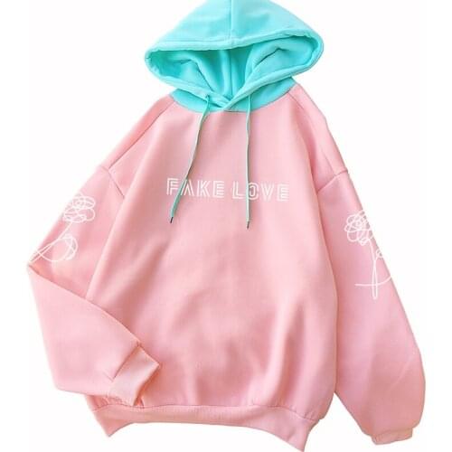 Bangtan Boys Hoodies Sweatshirts Women Korean Kpop FAKE LOVE Floral Print Casual Streetwear Fleece Spell Color Splicing Pullover