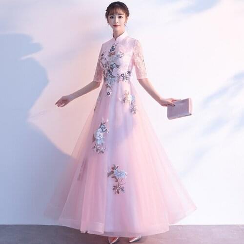 A-Line Formal Evening Party Long Dress Turtleneck evening dress appliques Half sleeves 2020