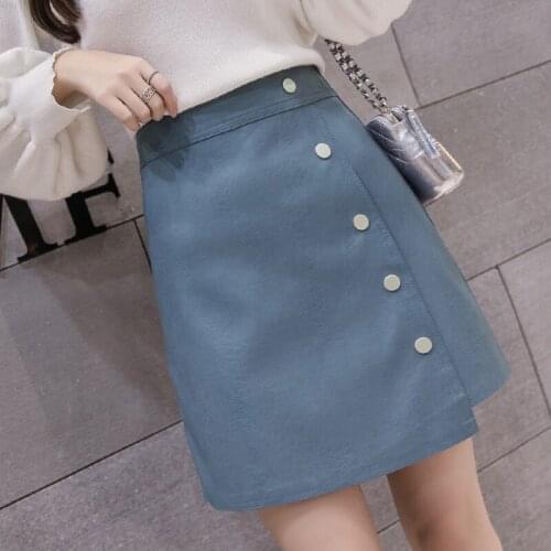 Fashion Women Spring Autumn Slim Ladies Casual A-line Short Skirts PU Leather Skirts High Waist Single Breasted Mini Skirt