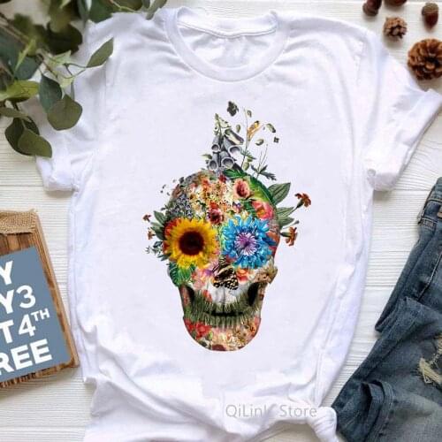 Fashion Floral Skull Print Tee Shirt Femme Summer 2021 00s Aesthetic Clothes Girl Geek Top Women Cool Hip Hop T Shirt Streetwear