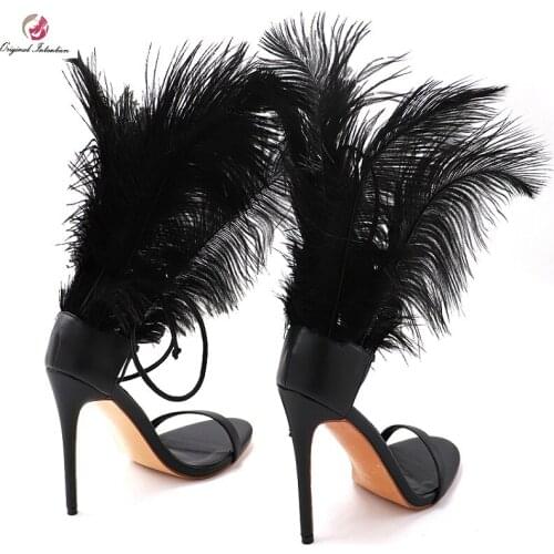 Original Intention Women Sexy Party Wedding Sandals Feathers PU Microfiber Cover Heel Lace-Up Thin Heels Cross-Tied Size 34-45
