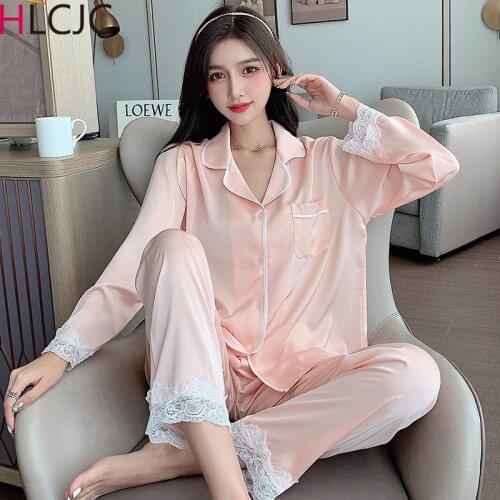 Women Lace Pajamas Set Sleepwear Winter Long Sleeve Mujer Pijamas Sexy Lingerie Nightwear Silk Satin Pyjamas Femme Pjs Suit 2Pcs