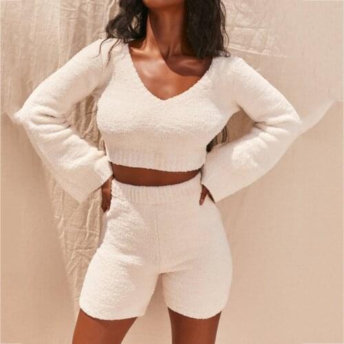 2021 Autumn Plush V Neck Two Piece Set Streetwear Flare Sleeve Shorts Sets Vintage Corp Tops Track Suit Women Soft Knitted Suit