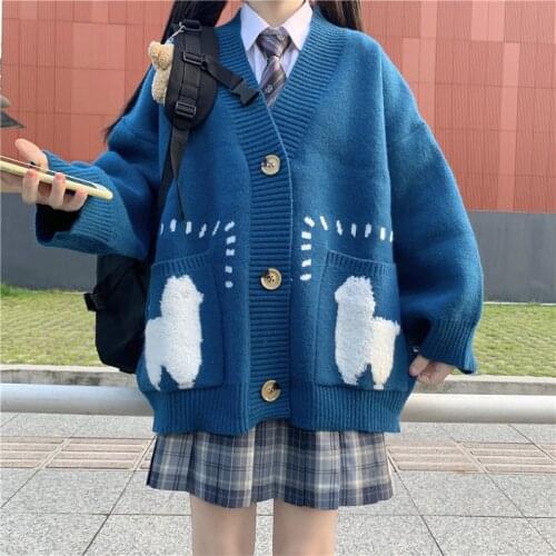 Womens Sweater Cartoon Pattern Jacket V-neck Pocket Sweater Loose Fashion All-match Cardigan 2021 Autumn Winter New
