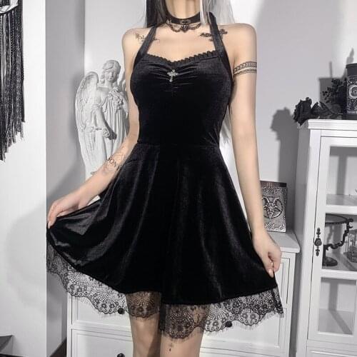 Ladies Summer Black Dress Gothic Halter Neck Velet Lace Trim A Line Vestidos Punk Sexy Cross Backless Elegant Dresses for Women
