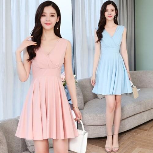Vestidos Mujer 2020 Summer Pink High Waist Dress Temperament V-neck Chiffon Stitching Sleeveless Vest Dress Female A983