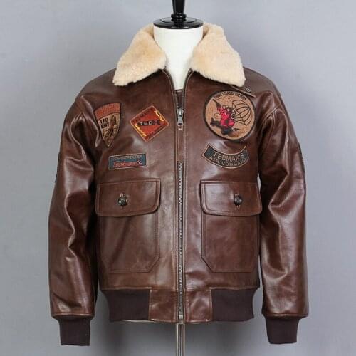 2019 G1 flight jacket mens fur collar genuine leather jacket aviator winter leather coat men embroidery patches bomber jacket