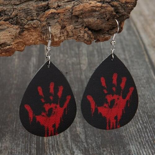 2021 Wholesale European and American New Retro Halloween Hand Palm Blood Drop Leather Double-sided Printed Leather Earrings