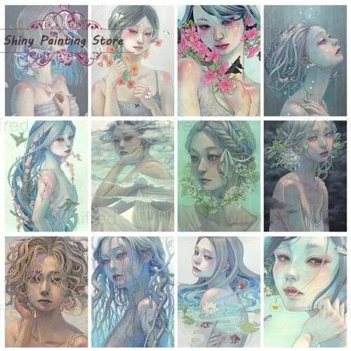 Beautiful Girl Flower Diamond Painting 5D DIY Diamond Embroidery Blue Scene Beauty Comic Illustration Cross Stitch Handmade Gift