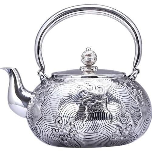 Teapot, kettle, hot water teapot, iron teapot, stainless steel kettle, tea bowl, 1100ml capacity, handmade S999 sterling silver