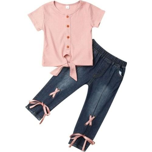 1-5Y Toddler Kids Baby Girl Clothes Sets Solid Short Sleeve Top Denim Pants Outfits Clothes 2PCS