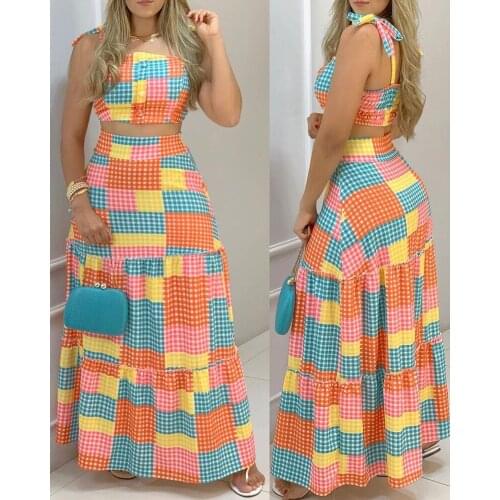 Summer Colorful Plaid Skirts Set High Waist Bandage Shoulder Women Outfits Maxi Skirt Set Casual Sets Suits female
