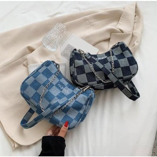 Fashion Denim Plaid Pattern Bags for Women Printing Design Shoulder Underarm Bag Casual Style Ladies Chain Small Zipper Handbags