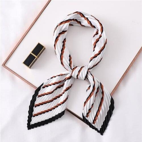 Fashion Silk Square Crinkle Scarf for Women Pleated Neck Scarves Striped Female Head Band Foulard Neckerchief