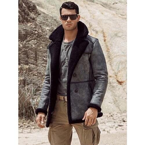 2020 New Mens Shearling Coat Long Fur Jacket Grey Leather Jacket B3 Hunting Jacket Mens Winter Coats Sheepskin Coat