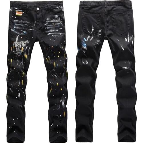 New trousers European American street hip-hop style hand-painted cat whiskers splash ink color paint skull straight jeans pants