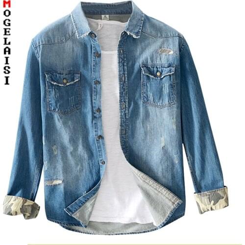 Denim shirt men casual long sleeve 100% cotton tops high quality spring pocket comfortable shirt for man clothing 3XL 5044