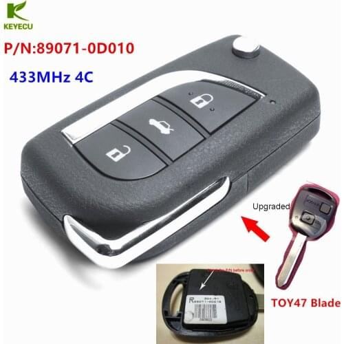 KEYECU Replacement New Upgraded Remote Key Fob 433MHz 4C for Toyota Yaris Avensis Corolla Carina P/N: 89071-0D010 + TOY47 blade