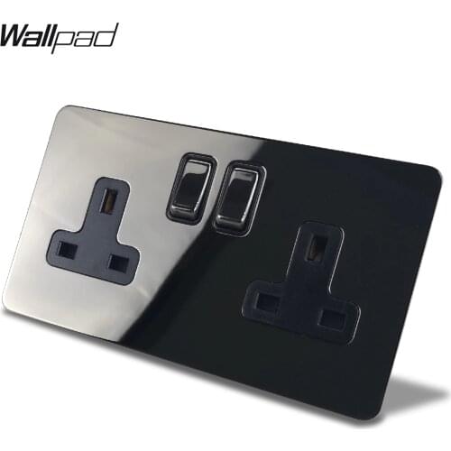 Wallpad Double 3 Pin 13A DP Switched Socket Power Outlet UK BS1363 Black Nickel Stainless Steel Panel