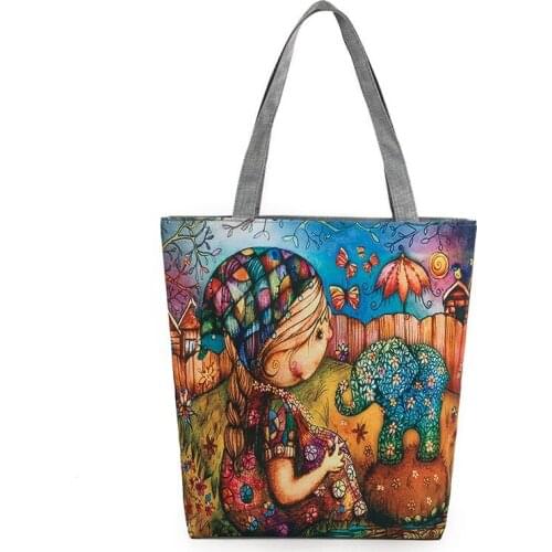 Female Colorful Print Casual Tote Bag Canvas Shoulder Bags Cartoon girl Cartoon Girl Print Shopping Handbag