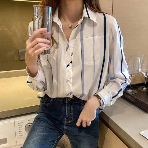 2021 Spring and Autumn New Workplace Contrast Office Ladies Blue and White Long Sleeve Vertical Striped Chiffon Shirt Plus Size