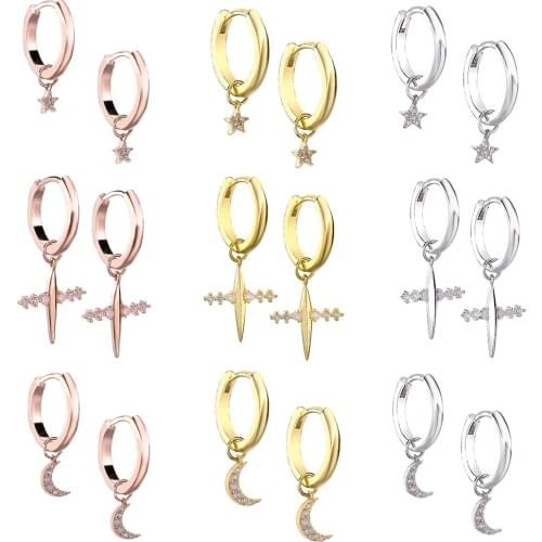 SHADOWHUNTERS Original 925 Sterling Silver Elegant Huggies Moon Star Drop Earrings Cross Teeny Earrings Women Wedding Jewelry