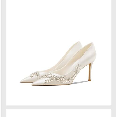 2021 spring new silk bridal wedding shoes stiletto high heel pointed shallow mouth party dress rhinestone single shoes women