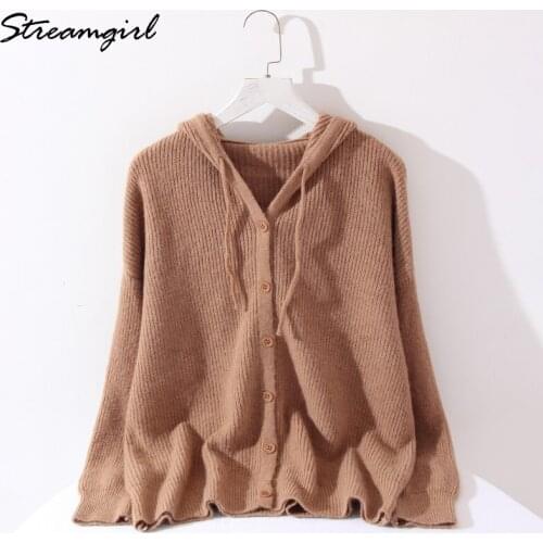 Buttoned Hooded Cardigan For Women Sweatshirt With Hood 2021 Autumn Loose Knitted Cardigan Oversize With Hood Korean Fashion