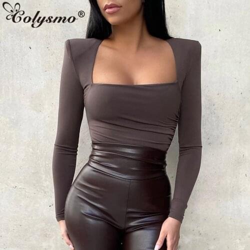 Colysmo Fall Black Bodysuit Top Shoulder Pads Square Neck Long Sleeve Button Ruched Bodycon Romper Women Casual Outfits 2020 New