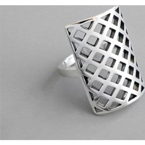 Korean Fashion Creative Mesh Hollow Rectangular Personality Geometric Open Rings for Women Punk Rings 925 Sterling Silver SR271
