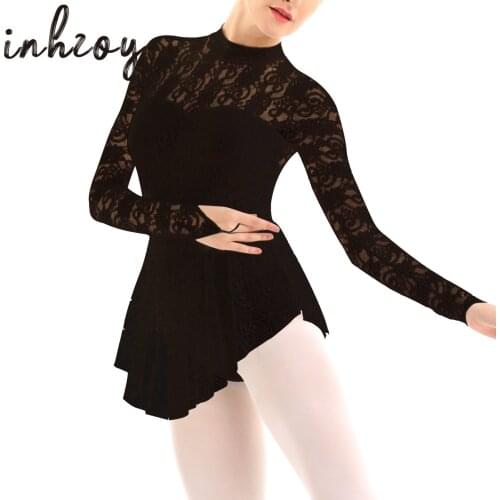 Womens Figure Ice Skating Dress Lace Long Sleeves Ballet Dance Leotard Dress