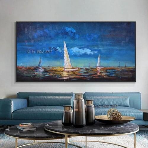 100% Handmade Painted Abstract Texture Sailboats On The Sea Oil Painting On Canvas Modern Wall Art For Bedroom