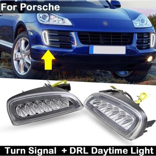 2Pcs For Porsche Cayenne 957 2006-2010 2-in-1 Car Front Amber LED Turn Signal Light And White DRL Daytime Running Lamp