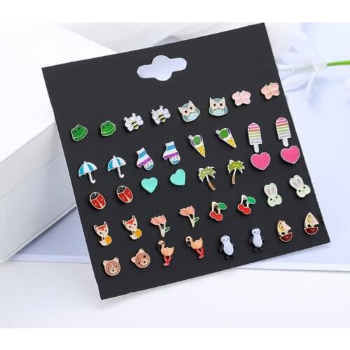 20 pairs/set 2021 new trendy mixed small enamel cherry owl heart butterfly stud earrings for women gift boucle oreille femme