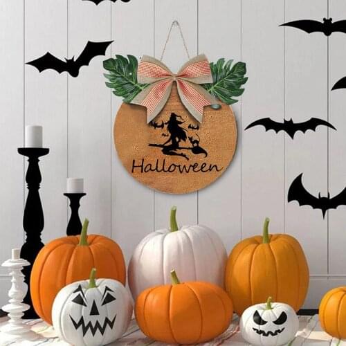 Halloween Welcome Sign Wreath Front Door Hanger With Rope Wooden Round Outdoor Hanging Vertical Sign Home Decoration Gift