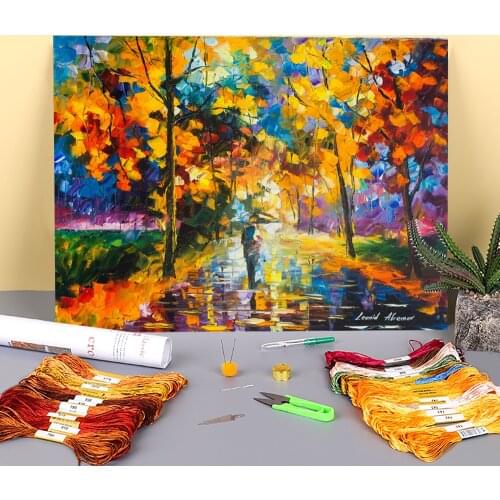 Alone Around Leaves Printed Canvas 11CT Cross-Stitch Embroidery Full Kit DMC Threads Craft Sewing Handiwork Knitting Decor