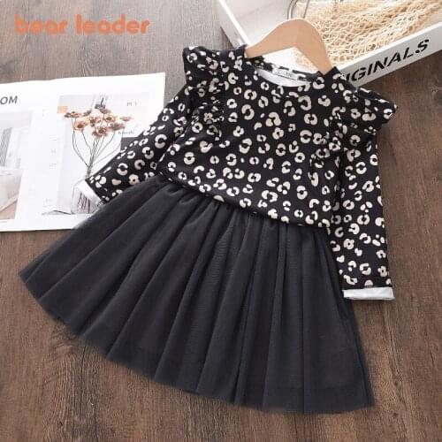 Bear Learder Childrens Clothing Sets 2021 Autumn Cotton Floral Shirts Mesh Skirts 2pcs Sets Kids Party Dresses Baby Girls 3-8 Y