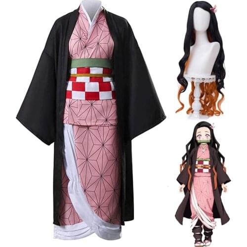 Anime Demon Slayer Kimetsu No Yaiba Cosplay Costumes Kimono Kamado 2021 Adult Child Halloween Costume Wig Suit